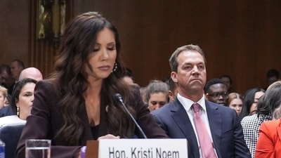 Allegations reveal Bryon Noem's hidden life as a model for adult entertainers, prompting fears of blackmail against Kristi Noem. (AP)