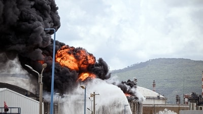 Iran attacked and set ablaze a fully loaded crude oil tanker off Dubai. (Reuters/X)