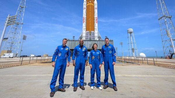 NASA Artemis II launch LIVE Updates: This NASA handout image shows NASA astronauts Reid Wiseman, Artemis II commander (L), Victor Glover, Artemis II pilot (2L), Christina Koch, Artemis II mission specialist (2R), and CSA (Canadian Space Agency) astronaut Jeremy Hansen, Artemis II mission specialist (R).