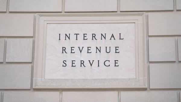 A sign is seen at the US Internal Revenue Service (IRS) building.