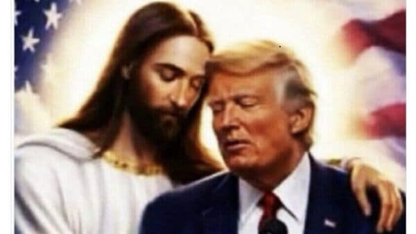 The digitally rendered image shows Donald Trump and a figure traditionally depicted as Jesus Christ.