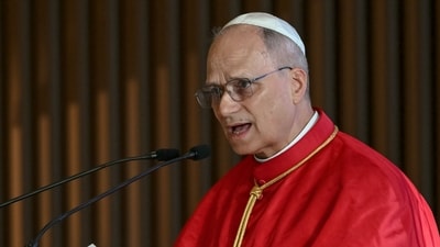 Pope Leo XIV speaks while attending a meeting with the authorities, civil society and the diplomatic corps at the Protocollar Pavillion of the Presidency in Luanda on the sixth day of an 11-day apostolic journey to Africa. (AFP)