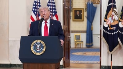 US President Donald Trump speaks about the Iran war from the Cross Hall of the White House (AP)