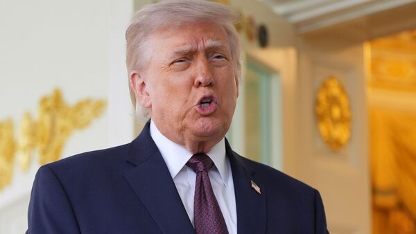 President Donald Trump speaks outside the Oval Office of the White House, Monday, April 13, 2026, in Washington. AP/PTI