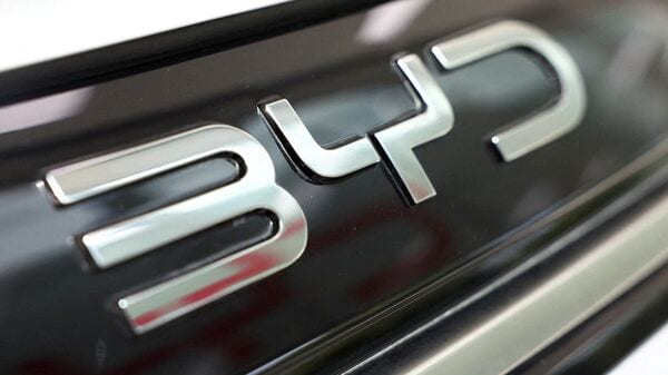 A file image of Chinese EV maker BYD's logo on a car. A fire broke out at BYD's parking garage in Shenzhen.