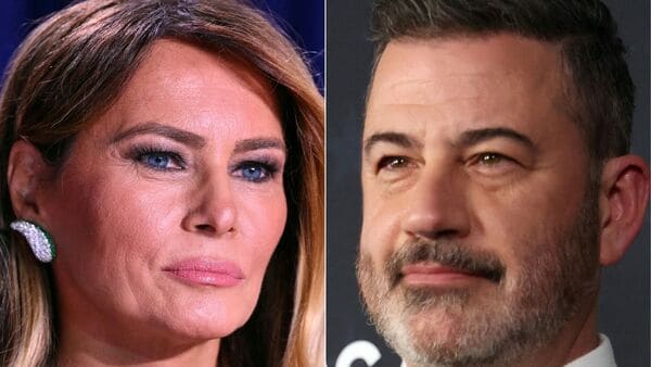 This combination of pictures created on April 27, 2026 shows (L/R) US First Lady Melania Trump attending the White House Correspondents' dinner at the Washington Hilton in Washington, DC, on April 25, 2026 and TV host Jimmy Kimmel in Santa Monica, California, on January 4, 2026.  (Photo by Mandel NGAN and Michael Tran / AFP)