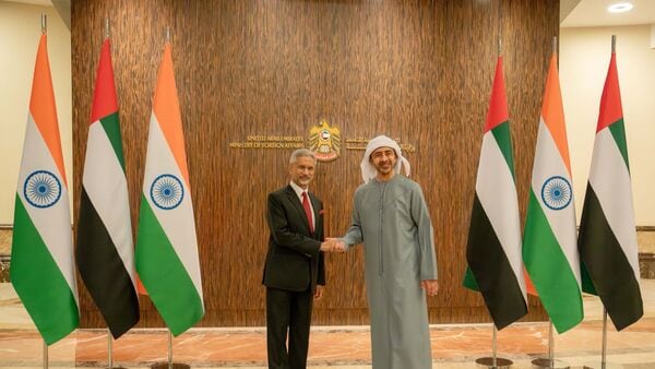 EAM S Jaishankar meeting UAE Deputy Prime Minister and Foreign Minister Sheikh Abdullah bin Zayed Al Nahyan in Abu Dhabi, Saturday, 11 April 2026.