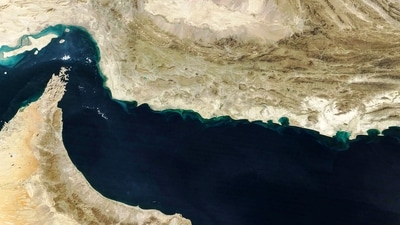 Natural-colour image shows the Gulf of Oman and the Makran region (C) in southern Iran and southwestern Pakistan, and the Strait of Hormuz (L) and the northern coast of Oman (bottom). (AFP)