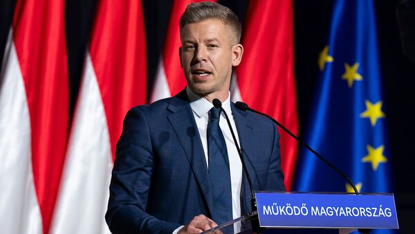 Péter Magyar, leader of the opposition Tisza party who will challenge Prime Minister Viktor Orbán in national elections on April 12, speaks during the party's campaign opener event in Budapest, Hungary on Sunday, Feb. 15, 2026. (AP Photo/Denes Erdos)