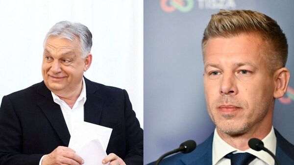 A collage of Hungarian Prime Minister Viktor Orban (L) and his rival Péter Magyar (R)