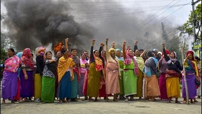In Manipur, women weary of ethnic conflict are back on the street to protest inaction following the killing of two children in a bomb blast in Bishnupur. (PTI)