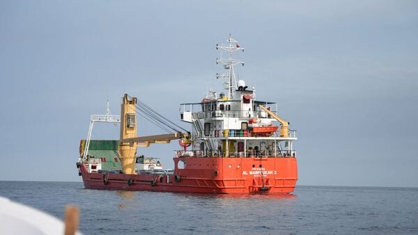 A vessel at the Strait of Hormuz, off the coast of Oman’s Musandam province, April 12, 2026. REUTERS