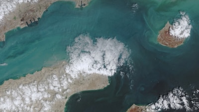 A satellite image shows the ship movement at the Strait of Hormuz on April 17, 2026, in Space. (via REUTERS)