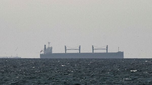 A cargo ship in the Gulf, near the Strait of Hormuz, as seen from northern Ras al-Khaimah, in the United Arab Emirates, amid the US-Israeli conflict with Iran, on 11 March. (File photo)