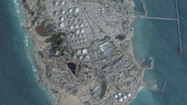 A satellite image shows an oil terminal at Kharg Island, Iran, February 25, 2026.