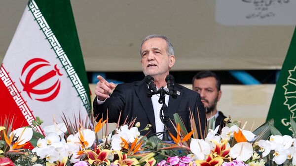 Iranian President Masoud Pezeshkian speaks during the 47th anniversary of the Islamic Revolution in Tehran, Iran, February 11, 2026. Iran's Presidential website/WANA (West Asia News Agency)/Handout via REUTERS