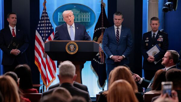 US President Donald Trump holds a press conference accompanied by Secretary of Defense Pete Hegseth and Chairman of the Joint Chiefs of Staff Gen. Dan Caine in the James S. Brady Press Briefing Room at the White House in Washington, D.C., U.S., April 6, 2026.