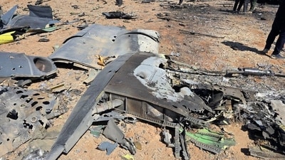 An image released on April 5, 2026, and obtained from social media appears to show wreckage of an American aircraft and a helicopter rotor in Isfahan, Iran. (Social Media via REUTERS)