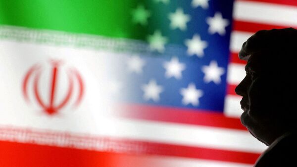 An illustration of US President Donald Trump against the backdrop of the US-Iran flag