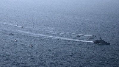 Iran navy ships during a military exercise by members of the IRGC and navy in the Gulf. (AFP)