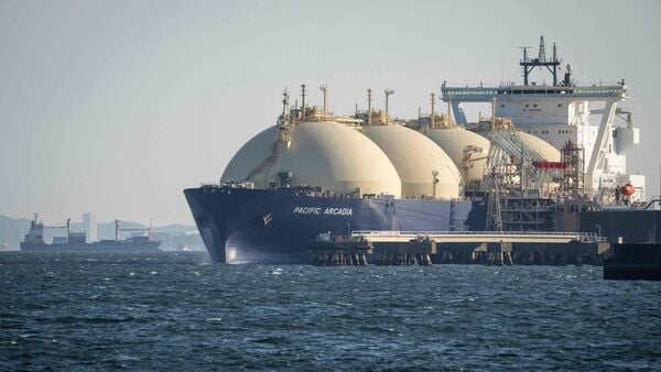 A liquefied natural gas (LNG) tanker is moored at a LNG berth in Kawasaki, Kanagawa prefecture