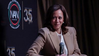 Former U.S. Vice President Kamala Harris reacts during the National Action Network (NAN) National Convention (REUTERS)