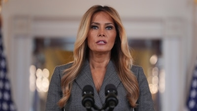 First lady Melania Trump speaks to reporters Thursday, April 9, 2026, in the Grand Foyer of the White House (AP)