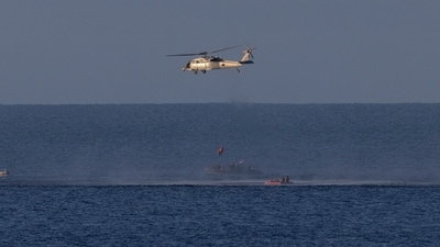 A helicopter lifts one of the astronauts from Artemis II after splashdown in the Pacific Ocean off the coast of California, Friday, April 10, 2026. (Joel Kowsky/NASA via AP) (AP)