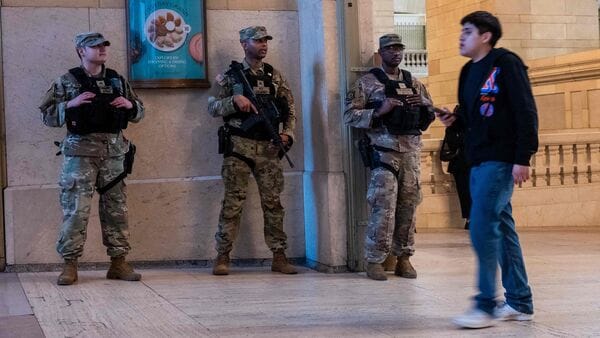National Guard soldiers patrol in Manhattan's Grand Central Terminal as New York City is under a Heightened Threat Environment on March 10, 2026 in New York City.