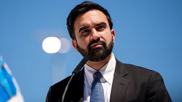 Zohran Mamdani, mayor of New York, during a FIFA World Cup announcement at Staten Island University Hospital Park Minor League Baseball Stadium in the Staten Island borough of New York