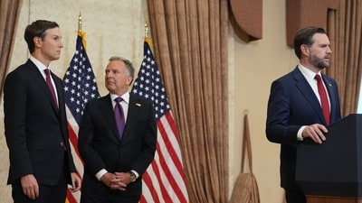 Vice President JD Vance, right, speaks during a news conference after meeting with representatives from Pakistan and Iran as Jared Kushner, left, and Steve Witkoff, Special Envoy for Peace Missions listen, on Sunday, (AP)