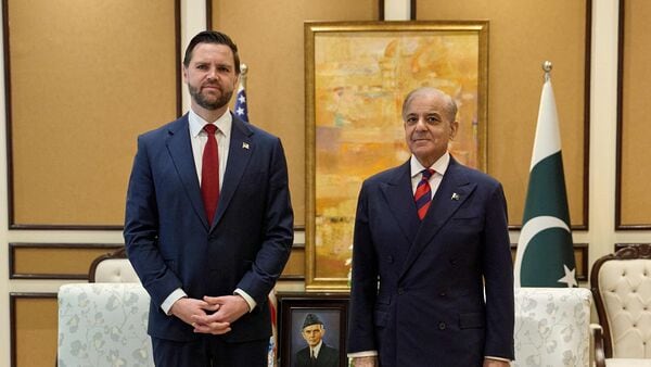 US Vice President JD Vance (L) is welcomed by Pakistani Prime Minister Shehbaz Sharif ahead of their meeting on Iran  amid the US-Iran peace talks in Islamabad on April 11, 2026. Vance arrived in the Pakistani capital to lead the US delegation in high-stakes peace talks with Iran, under the cover of a fragile two-week ceasefire between Washington and Tehran, with Pakistan serving as mediator in the negotiations aimed at ending a six-week conflict.