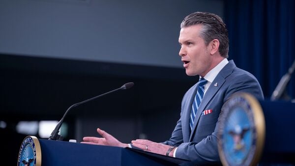 Defense Secretary Pete Hegseth speaks to members of the media during a press briefing at the Pentagon, Thursday, April 16, 2026 in Washington. (AP Photo/Kevin Wolf)
