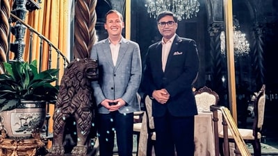 US ambassador to India Sergio Gor, left, hosts foreign secretary Vikram Misri at Mar-a-Lago, in Palm Beach, Florida, United States. (X/@USAmbIndia)