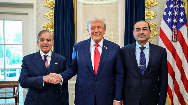 US President Donald Trump, during a meeting with Pakistan Prime Minister Shehbaz Sharif and Field Marshal Asim Munir at the White House in Washington, DC, US, on 26 September 2025. (Image: PTI)