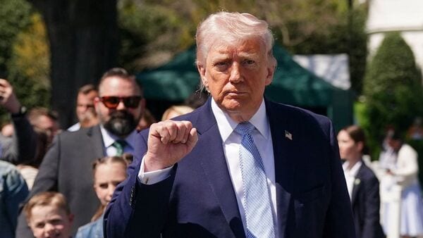 US President Donald Trump gestures during the 2026 White House Easter Egg Roll at the White House in Washington, D.C., U.S., April 6, 2026. (REUTERS)