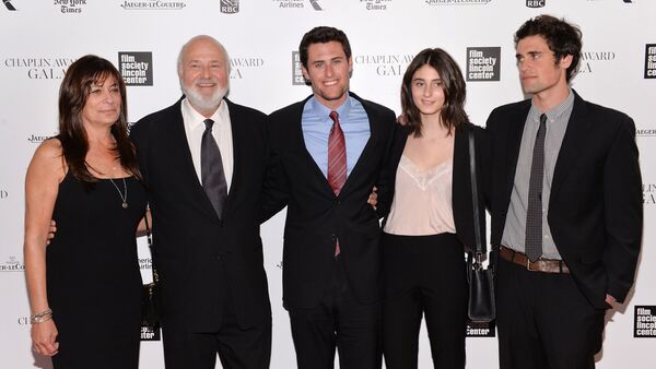Rob Reiner, second left, poses with his wife Michele, left, and children Jake, center, Romy, and Nick at the 41st annual Chaplin Award Gala