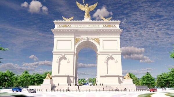 Triumphal Arch design presented by US President Donald Trump displays towering winged figure with a Lady Liberty-like torch and crown, flanked by two eagles and guarded by four lions.