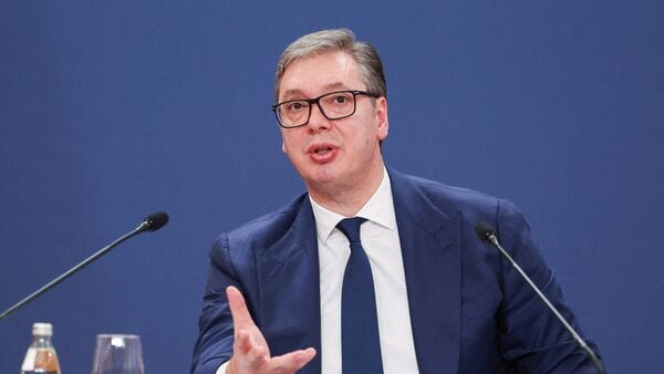 FILE PHOTO: Serbia's President Aleksandar Vucic speaks during a press conference, after shots were fired outside the parliament building near a tent erected by supporters of Vucic, in Belgrade, Serbia,  October 22, 2025.