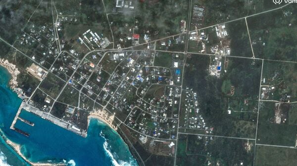 A satellite image shows the Village of San Jose after Typhoon Sinlaku, in Tinian, Northern Mariana Islands, April 17, 2026. Vantor/Handout via REUTERS