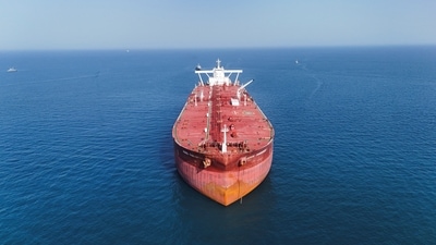 A drone view shows the Malta-flagged tanker Agios Fanourios I, an oil tanker that sailed through the Strait of Hormuz (REUTERS)