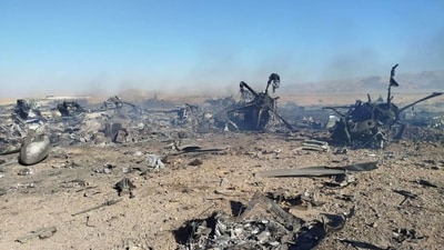 This handout photo provided by Iran's Revolutionary Guard Corps (IRGC) official website Sepah News on April 5, 2026 reportedly shows the wreckage and remains of targeted and crashed US aircraft in central Iran. (AFP)
