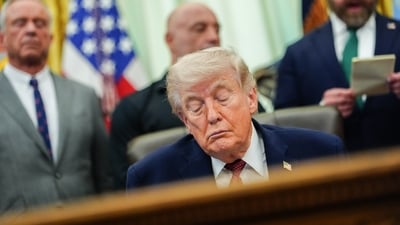 President Donald Trump closes his eyes while listening in the Oval Office of the White House, Saturday, April 18, 2026, in Washington. (AP)