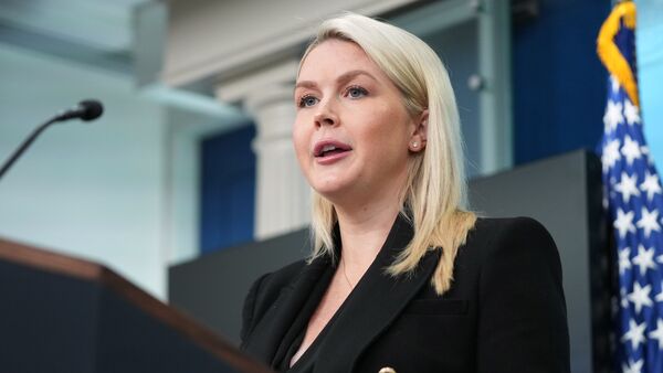 White House press secretary Karoline Leavitt speaks during a press briefing at the White House in Washington, Monday, April 27, 2026. (AP Photo/Mark Schiefelbein)