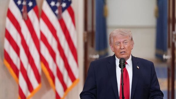 US President Donald Trump during a prime-time address to the nation in the Cross Hall of the White House in Washington, DC, US, on Wednesday, April 1, 2026.