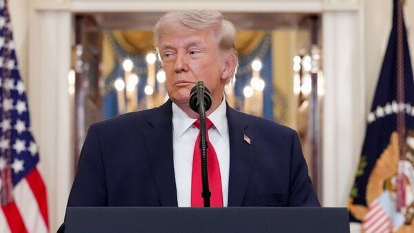 US President Donald Trump during a prime-time address to the nation in the Cross Hall of the White House in Washington, DC, US, on Wednesday, April 1, 2026.Photographer: Alex Brandon/AP Photo/Bloomberg