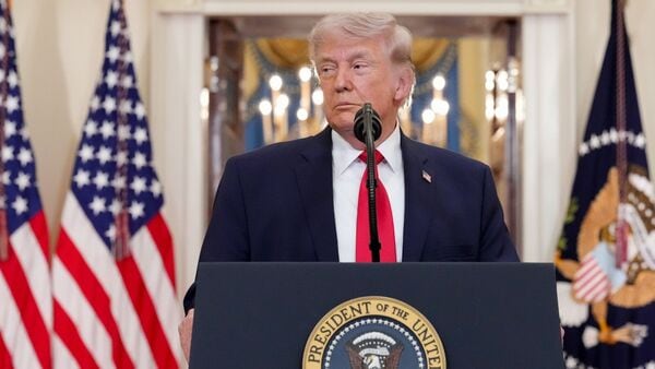 US President Donald Trump during a prime-time address to the nation in the Cross Hall of the White House in Washington, DC, US, on Wednesday, April 1, 2026.