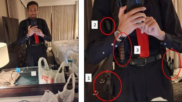 This image contained in a court filing by the Department of Justice, April 29, 2026, shows Cole Tomas Allen, left,  inside his hotel room, on Saturday, April 25, 2026 in Washington, using his cellphone to take a photograph of himself in the mirror. An enhanced version of the image is right. (Department of Justice via AP)