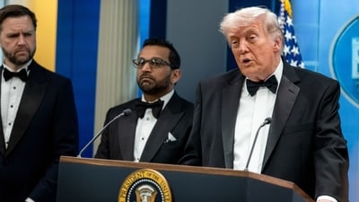 US Vice President JD Vance, from left, Kash Patel, director of the Federal Bureau of Investigation (FBI), and US President Donald Trump during a news conference in the James S. Brady Press Briefing Room of the White House in Washington, DC, US on Saturday, April 25, 2026. (Bloomberg)