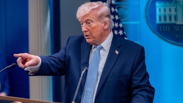 US President Donald Trump during a news conference in the James S. Brady Press Briefing Room of the White House in Washington, DC, US, on Monday, April 6, 2026. Photographer: Daniel Heuer/Bloomberg